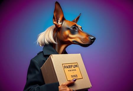 An anthropomorphic brown Dobermann dog with soft, long, natural ears and a blonde bobcut with long hair in the back, wearing a black trenchcoat, depicted in profile, side view. The dog is holding a cardboard box labeled ‘Parfum for Dogs’ in a surreal and avant-garde fashion illustration style. The scene features a turquoise silver grunge aesthetic against a gradient magenta and teal background. The setting includes vivid colors, filigree details, and photorealistic rendering. The lighting is moody chiaroscuro, enhanced by the visual distortion of fisheye cinema prime lenses (9mm) and noir film-style color correction