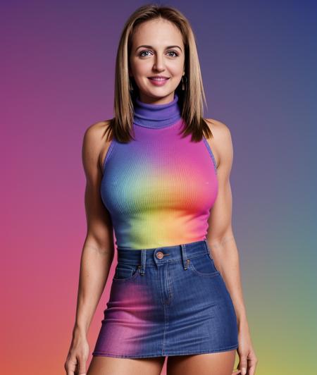 <l1n4c0s2>,  ((Colorful background)), close portrait photo, Spectacular light, 8k, soft lighting, high quality, breast, top, Mini-skirt, upper body, (Turtleneck), Turtleneck, smile, jeans, Colorful background, Colorful background