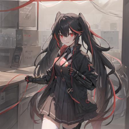 1girl, masterpiece, highest quality, best quality, , highly detailed, best illustration, glowing hair, ray tracing,  <lora:Lucia-3:0.5>, Lucia, Twintails,black hair, multicolored hair, open jacket, black jacket, black dress,  red eyes, mechanical arms,smile, necktie, sword, looking at viewer