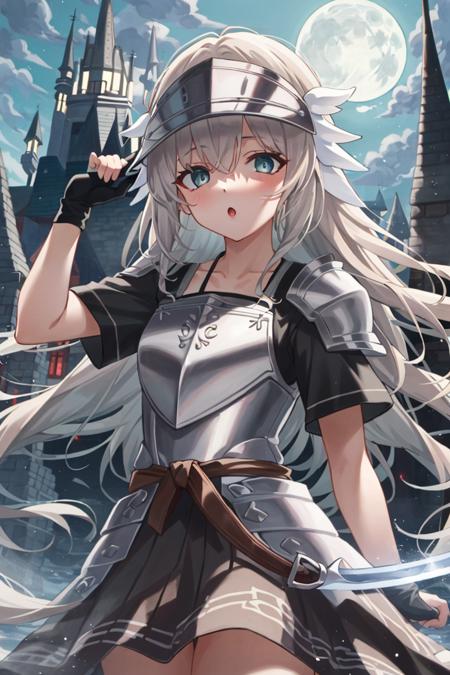 <lora:EnderLily:1>, enderLily, 1girl, white hair, (armor), helmet, visor, sword, :o, holding sword, (adjusting headwear), castle, moon, gothic, masterpiece, best quality,