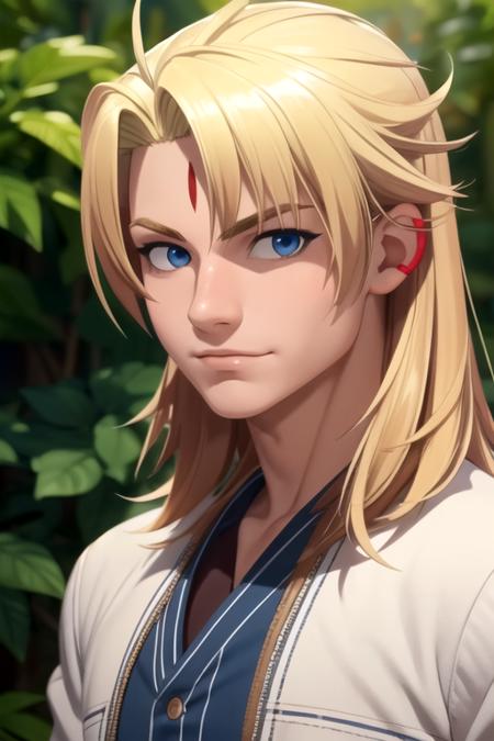 masterpiece, best quality, game cg, 1boy, solo, male focus, looking at viewer, , depth of field, , realistic, <lora:ouriku_reikenzan:0.74>, ouriku_reikenzan, blonde hair, blue eyes, long hair, clown costume, alternate history, 2k resolution