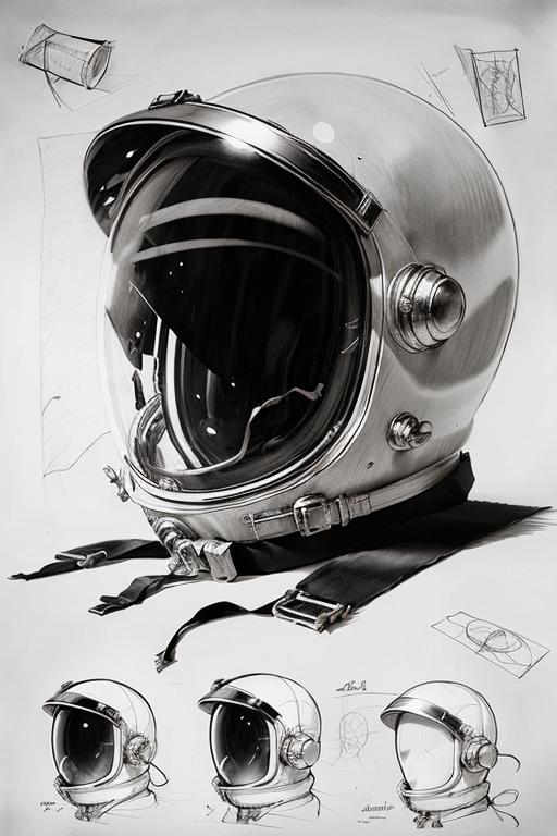 A silver space helmet with a black chin strap.