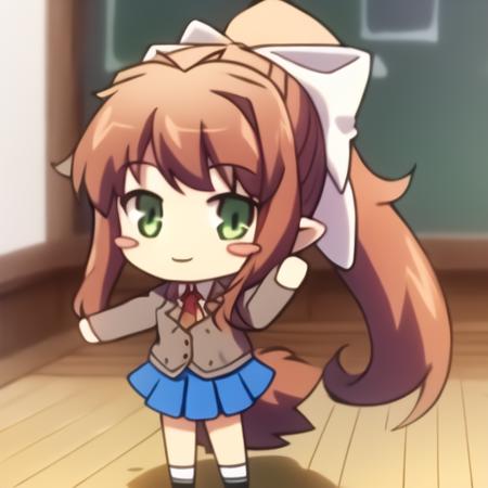 Solo, 1girl, <lyco:GoodHands-beta2:0.35>, <lora:BaTAvatar2-12:0.9>, <lora:MonikaV1:0.75>, Monika, bangs, very long hair, smile, long hair, looking at viewer, ponytail, hair bow, brown hair, breasts, [Wariza], blue skirt, skirt, green eyes, neck ribbon, shirt, school uniform, white bow, pleated skirt, sidelocks, grey jacket, blazer, long sleeve jacket, black stockings, white shoes |Proper Outfit|