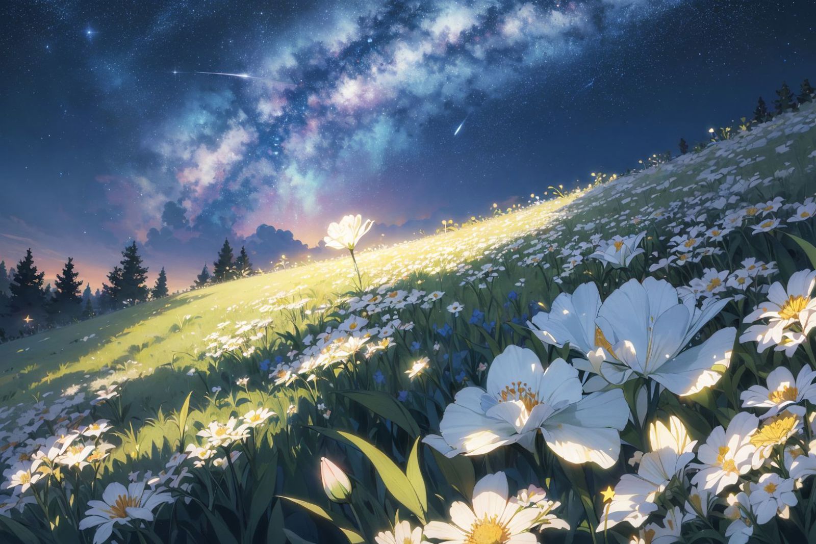An artistic rendering of a field of flowers, stars, and a night sky.