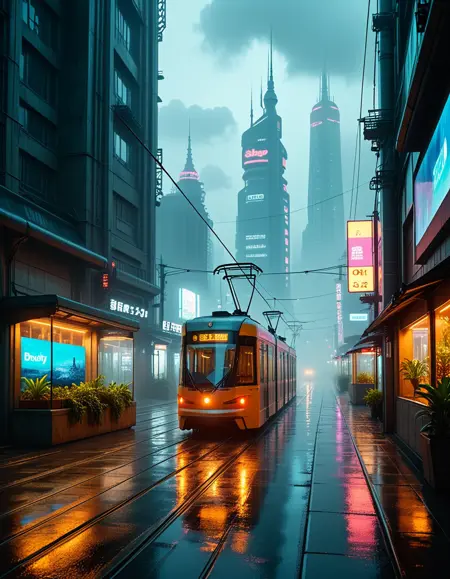 rainy cyberpunk city street