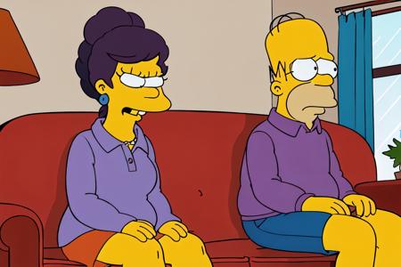 a woman and a man sitting in a couch in the living room, EdobSimpsons  <lora:EdobSimpsons_v1.0:0.8>