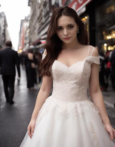 woman looking into the camera, evening, wide angle, crowded street, blurry background, full body, pale
, sassy, 
bride dress <lora:LucidLavender-000003:1>