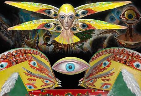 p1c4ss0, seraphins, mystical creature with hundreds of eyes and wings, roswell alien with yellow christmas hat, delivering presents with santa riding a ufo sleigh, intricate complexity, surreal horror, inverted neon yellow drip paint, 1908 Woman with a Fan