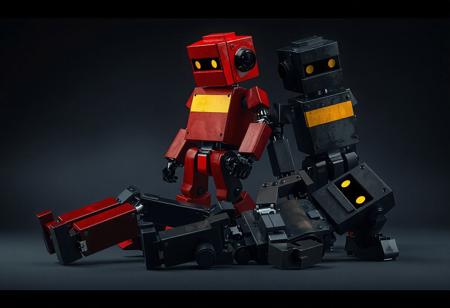 full body, Blockman robots, each with unique forms and color schemes, are depicted in a striking scene. One robot, mainly black and red with a yellow chest stripe, stands upright, while the other, black and gray with a similar yellow stripe, lies on its side. The composition of the image, set against an Earthbound Wave background, creates a sense of balance. The image is 4K, exceptionally detailed, with vivid emotions and colors, and contains no text or additional objects. It appears to be trending on ArtstationHQ, featuring cinematic lighting, and is rendered in high resolution.