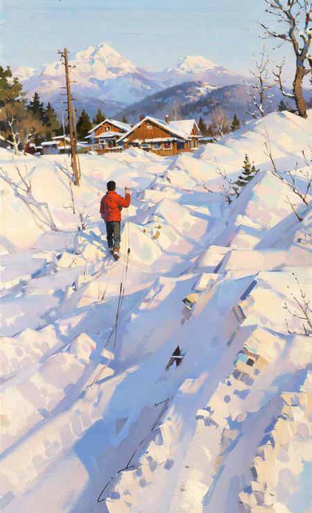 tree, outdoors, scenery, house, 1boy, road, male focus, snow, traditional mediaï¼ Distance, depth of field, distant mountains,masterpiece, best quality, <lora:Light oil painting_20231025095300-000003:0.73>, (illustration:1.0), masterpiece, best quality,