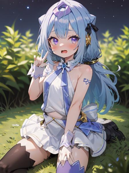 hacka_doll_3,  1girl, short, solo,
blue_hair, long_hair, purple_eyes, 
cute, petite, 
looking_at_viewer, wavy_mouth, 
(hololive_idol_uniform, ) thighhighs, mismatched_legwear, halter_shirt,  white_dress, 
park, night_sky, outdoors, garden,