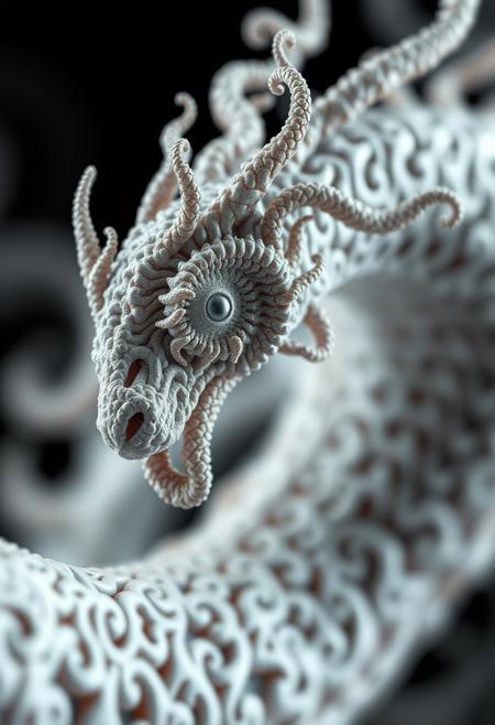 close up dof render of a mythical creature made of detailed spiraling fractals and tendrils, detailed recursive skin texture