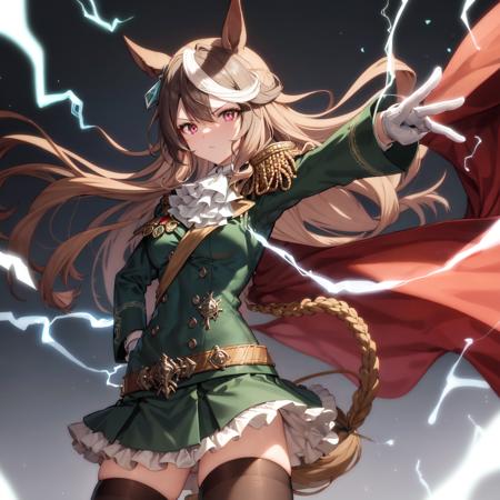 masterpiece, best quality,
symboli rudolf \(umamusume\),
dutch angle, (electricity:1.4), outstretched arm, reaching out, floating cape, serious, hand on hip,
red cape, epaulettes, aiguillette, medal, green jacket, long sleeves, white gloves, white ascot, buttons, double-breasted, belt, green skirt, frilled skirt, dress, zettai ryouiki, gold trim, black thighhighs,
<lora:sybmoli_rudolf_locon_0.99:0.6>