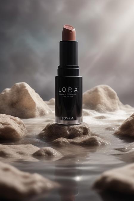 dark red lipstick, ,rock, water, reflect, no humans, depth of field, spotlight from above, blue and grey background, scenery, still life (Product Photography)  <lora:Product Photography:0.85>