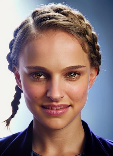 portrait of skswoman, smile , wearing velvet , with Braids , background space epic (photo, studio lighting, hard light, sony a7, 50 mm, matte skin, pores, colors, hyperdetailed, hyperrealistic), <lyco:Natalie Portman:1.2>