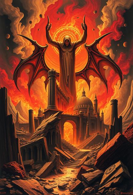 I also stood in Satan’s bosom & beheld its desolatons:
A ruin’d Man, a ruin’d building of God not made with hands;
Its plains of burning sand, its mountains of marble terrible;
Its pits & declivities flowing with molten ore & fountains
Of pitch & nitre; its ruin’d palaces & cities & mighty works;
Its furnaces of affliction, in which his Angels & Emanations
Labour with blacken’d visages among its stupendous ruins,
Arches & pyramids & porches, colonnades & domes,
In which dwells Mystery, Babylon; here is her secret place;
From hence she comes forth on the Churches in delight;
Here is her Cup fill’d with its poisons, in these horrid vales,
And here her scarlet Veil woven in pestilence & war;
Here is Jerusalem bound in chains, in the Dens of Babylon.