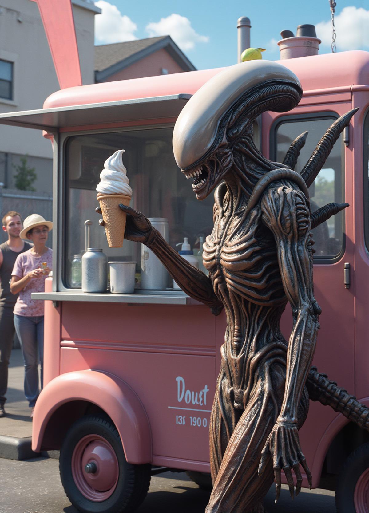 alien xenomorph is selling icecream in an icecream truck. he is the beloved attraction in the neighborhood. people are lining up to get his icecrea <lora:Xenomorph:0.8>