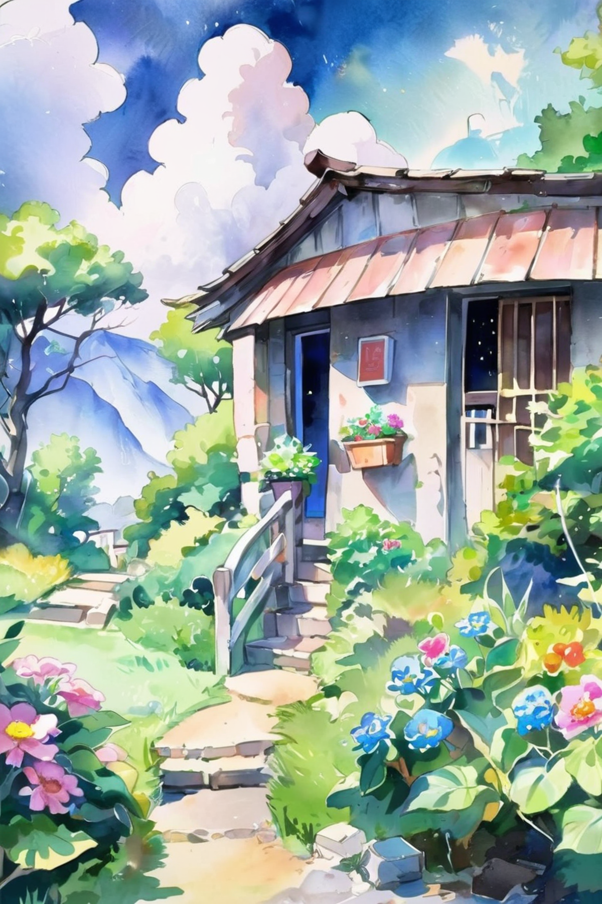 A colorful painting of a greenhouse with a garden path and flowers on the ground.