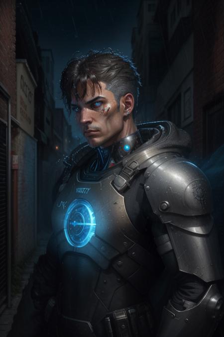 A cyborg warrior in an urban setting, hi-res photograph, hyperrealistic, style of Stephen Hickman, HDR, Sci-Fi, rainy night in an alley, blue volumetric lighting, orange volumetric lighting