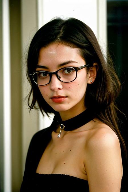 photograph of a cute girl, innocent eyes, glasses, small perky breast, black hair, pale skin, blush, collar bone, long neck, innocent, Porta 160 color, shot on ARRI ALEXA 65, sharp focus on subject, shot by Don McCullin,