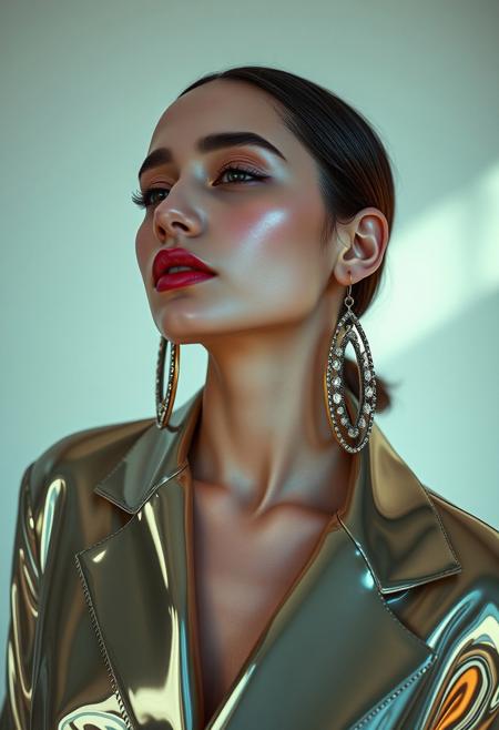 The reflective surfaces of her earrings and outfit create a dynamic interplay with the environment, emphasizing her sleek presence. The minimalist background allows the viewer to focus on her eye-catching fashion and makeup. Captured with a Sony A7R IV camera and a 50mm f/1.2 G Master lens for a beauty editorial shoot, this composition highlights her fashion-forward aesthetic. Inspired by avant-garde fashion photography from Sølve Sundsbø, this image blends contemporary fashion and minimalist elegance, embodying mythp0rt and niji_flux styles for a sleek, high-fashion vision. ((glow_skin, iridescent skin, oily skin, portrait))