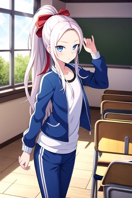 masterpiece, best quality, <lora:fudatsuki_kyouko:0.7> fudatsuki kyouko, 1girl, solo, blue eyes, white hair, long hair, ponytail, red ribbon, hair ribbon, indoors, white shirt, blue jacket, open clothes, blue pants, sportswear, classroom, window, looking at viewer, sunlight, flat chest,