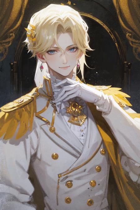 masterpiece, best quality, extremely detailed, detailed background, detailed face, parted bangs, parted bangs, 1boy, male focus, blonde hair, jewelry, gloves, solo, flower, brooch, white gloves, jacket, ascot, upper body, white ascot, smile, blue eyes, looking at viewer, low ponytail, earrings, epaulettes, long sleeves, curtained hair, copyright name, orange flower, floral background, shirt, cape, closed mouth, white jacket, yellow flower, vest, hand up, gem, hand on own chest, white shirt, formal, sunflower,