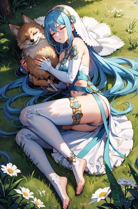 (holding a large fox:1.1) ,<lora:azura:0.8>,def_azura,asymmetrical legwear, barefoot, dress, anklet, gloves,closed eyes, lying, veil, sleeping, grass, elbow gloves, fingerless gloves,white dress, jewelry, on side, feet, outdoors, soles, white gloves,  blue ribbon, day, , full body,(masterpiece, best quality, ultra-detailed, best shadow),