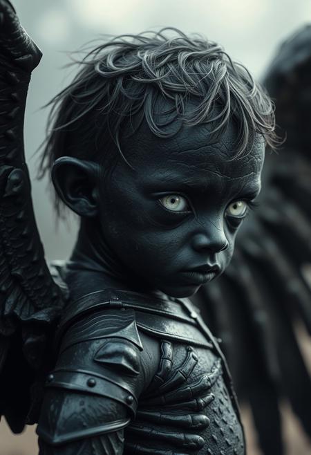 close up shot, side view of a very young creature, black coal mate skin, white eyeballs, looking at viewer, black grunge angel wings, iron armour, tension, mist, wind, photo realistic