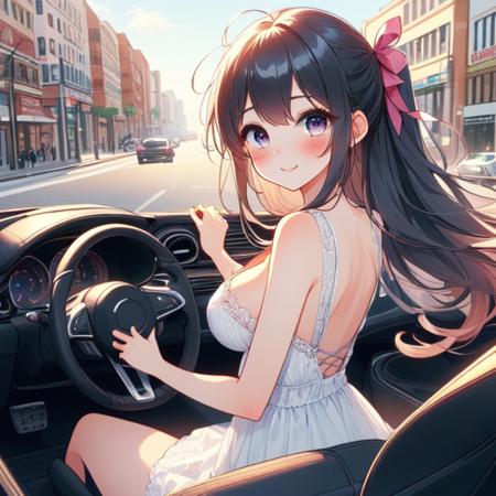 (((masterpiece))),  (((best quality))),  ((girl driving cabrio on busy street)),  ((from behind)),  ((looking viewer)),  ((windshield)),  one-hand fingers holding on steering wheel,  pink strap cut-out gown,  ribbon,  longhair in wind,  cleavage,  big tits,  smile,  shy,  blush,  stockings,<lora:EMS-260531-EMS:1.000000>