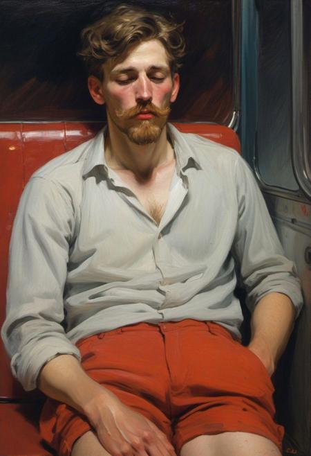 impressionist painting with rough brush strokes by Berthe Morisot, full portrait of drunk man with long moustache sleeping on night bus, young man, toned body, oval face, chiseled cheeks, short messy hair, red shorts, night time, (drooling from parted lips, saliva on chin:1.5), detailed textures, simple necklace, night lighting,