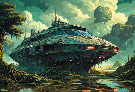 book cover, Retro futuristic Image, a huge spaceship (long abandoned) in a swamp, half submerged, sharp, high detailed, realistic,