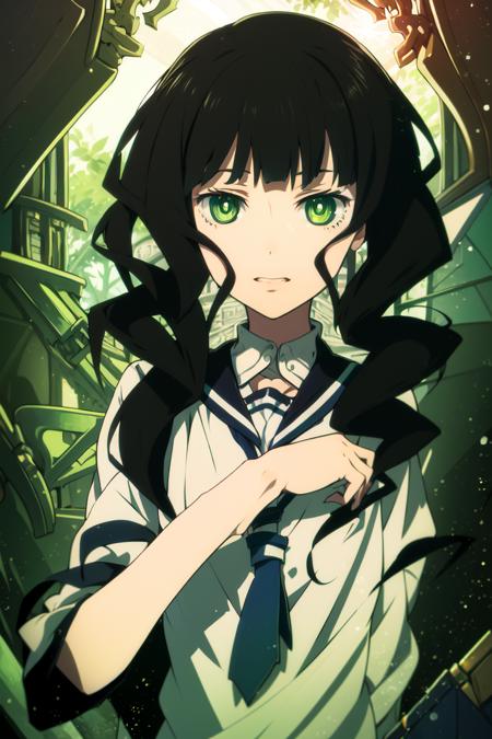 (best quality), ((masterpiece)), (highres), extremely detailed girl, solo,High Detail,beautiful detailed eyes, (ultra-detailed) ,illustration, best lighting,(dynamic angle)(full background),
1girl, solo, solo focus, 1girl, black hair, green eyes, pigtails, school uniform,
<lora:dead_master-09:1>