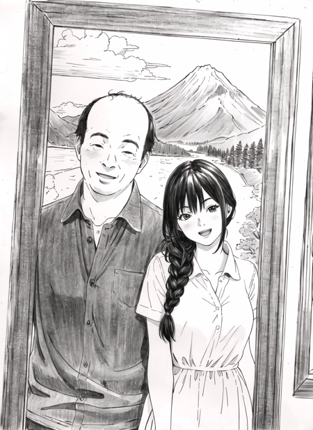 yakiyama line <lora:yakiyama_line_offset:1>, best quality, masterpiece, monochrome, greyscale, 1girl,  1boy, couple,  mountain, braid, long hair, smile, shirt, open mouth, collared shirt, traditional media, looking at viewer,  dress, window, cloud