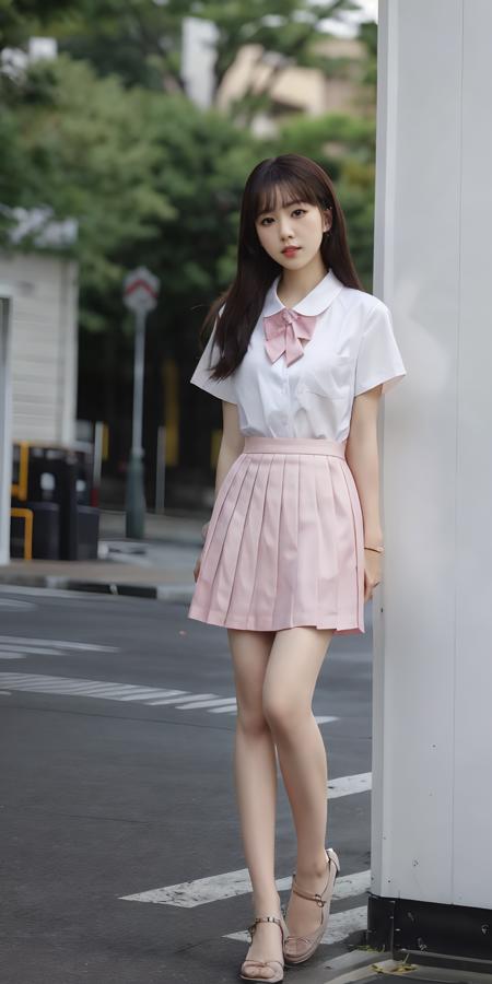 jk, 1girl, solo, long hair, looking at viewer, skirt, shirt, black hair, closed mouth, white shirt, short sleeves, pleated skirt, pink skirt, full body, 
 <lora:jk_v3:0.7>