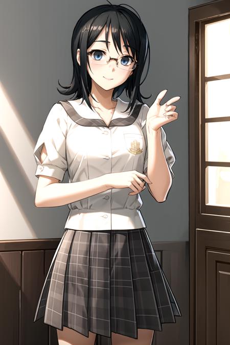 best quality, ultra-detailed, an extremely delicate and beautiful, high resolution, extremely detailed CG, masterpiece,
cowboy shot,
smile,
BREAK,
yosuga, yorihime nao, 1girl, solo, glasses, short hair, black hair, blue eyes,
school uniform,serafuku, ,plaid skirt,
indoor,
<lora:yosuga_V1_3-000018:0.8>,
wariza,