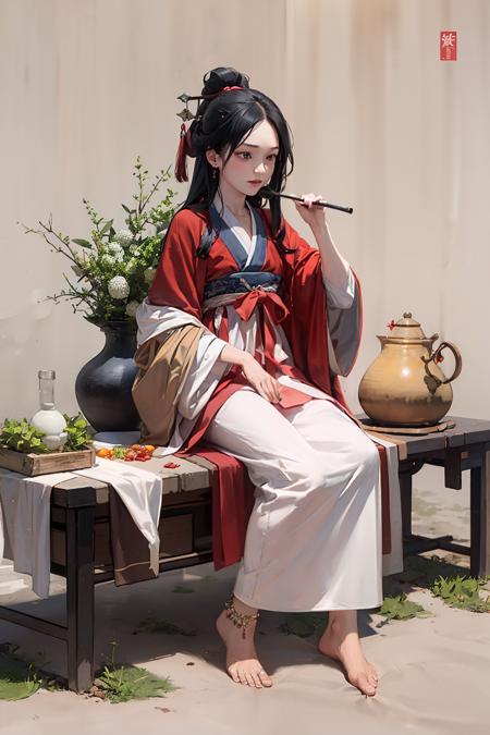 masterpiece, best quality, <lora:hanfu:1>,hanfukozue, 1girl, black hair, bug, butterfly, barefoot, solo, hair ornament, sitting, hanfu, chinese clothes, anklet, leaf, fruit, jewelry, white background, long sleeves, simple background, food, grapes, full body, single hair bun, holding, hair stick, wide sleeves, hair bun, smile, yokozuwari, looking at viewer, long hair, closed mouth, hand up, flower, holding leaf, on floor