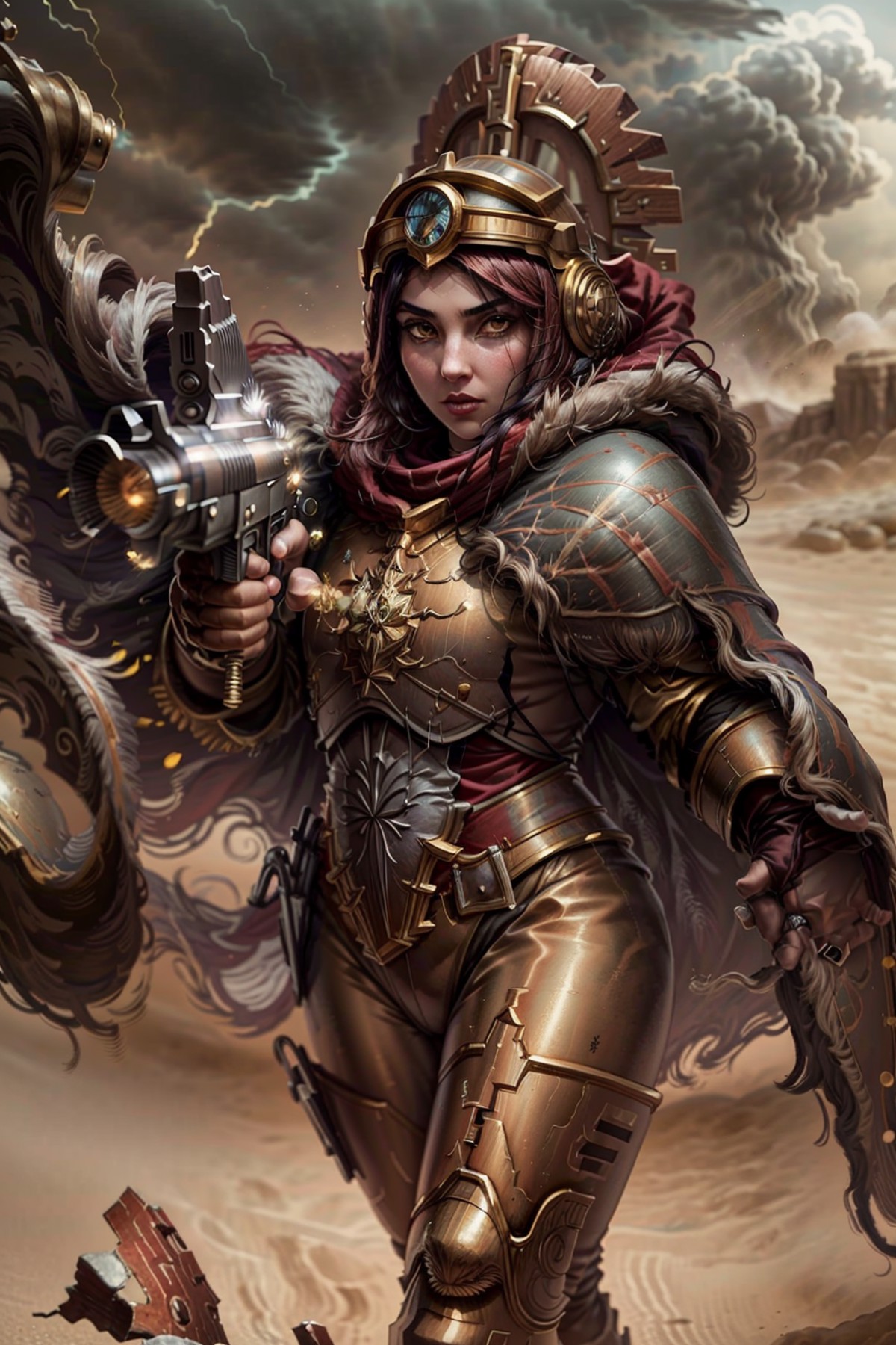 photo of 1girl, jasmine, wearing thunderwarrior armor, red visor, , helmet details, red plume, full armor, gold armor, arm...