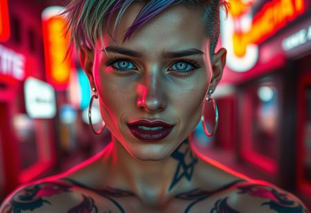 extreme closeup of The most beautiful cyberpunk Italian fitness model AI can possibly imagine, 30 years old, thin face, square jaw, hollow cheeks, sharp facial features, chin dimple, extremely light colored eyes, perfect skin, perfect teeth, full lips with dark lipstick, coy sexy smile, colorful shaved side haircut, undercut, stylish earrings, many tattoos, TattooWorld, neon lipstick, tall, uberfit, thin waist, sleek muscles, athletic build, chiseled arms, defined and vascular shoulders and arms, bright outdoor scene, professional photographer, hyperrealistic, depth of field, (intricate details, masterpiece, best quality:1.4), dramatic lighting, beautiful composition, directly looking at viewer, dynamic photograph, sexy pose, high angle headshot, beautiful hyper detail, cinematic lighting, magic neon, dark red city