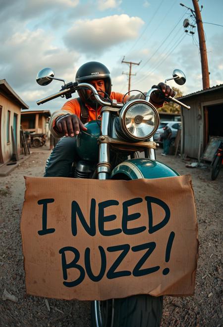”(masterpiece, intricate:1.3), (best quality, hires textures, high detail:1.2), golden theme, lora:Starry_Morph:1 starry_morph, Ramirez Gonzalo and his chopper, rotten aesthetics, comically exaggerated with a fisheye lens effect (12mm), very high resolution, decayed cardboard sign reading ‘I NEED BUZZ!’ placed near the scene, weathered textures, humorous yet gritty atmosphere, cinematic composition.”
