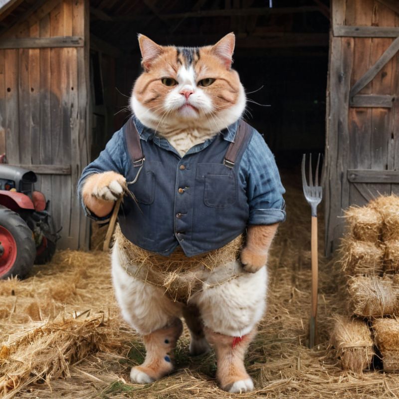 A fat orange and white cat wearing a blue shirt and overalls, holding a hay fork.
