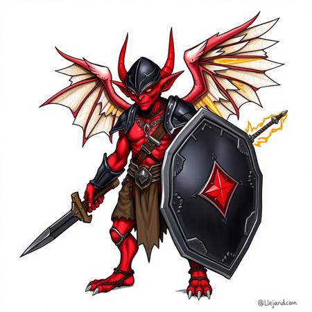 Draw Alejandro, a red goblin with angel wings. He carries a dark mirror shield in one hand and a slim, pointed obsidian sword. On his side he carries an arcing electric mace and also an orange-hot flaming sword. He wears a black helmet and chain mail.