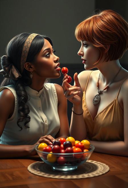 real life realistic, two beautiful women at a table, bowl of fruit between them, women looking in each other's eyes lovingly as one offers a cherry to the open mouth of the other woman.  One  hand is on the cheek of the other woman. one African American , one red-haired Irish. one small breasts, one large breasts. one sleeveless blouse and skirt, one sundress. one headband, one necklace. one bangs, one short hair.
score_9, score_8_up, very detailed, detailed eyes,  high detailed texture, realistic, photorealistic, perfect eyes, real life realistic, Expressiveh, Stable_Yogis_PDXL_Positives, midjourneylora, detailed background, dynamic angle, volumetric lighting, godrays, beautiful, small breasts, green eyes,