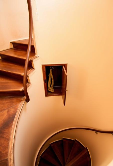 A wide spiral staircase leads downwards and there is a storage cupboard against the wall.  It is open slightly.  There is a pull rope inside.