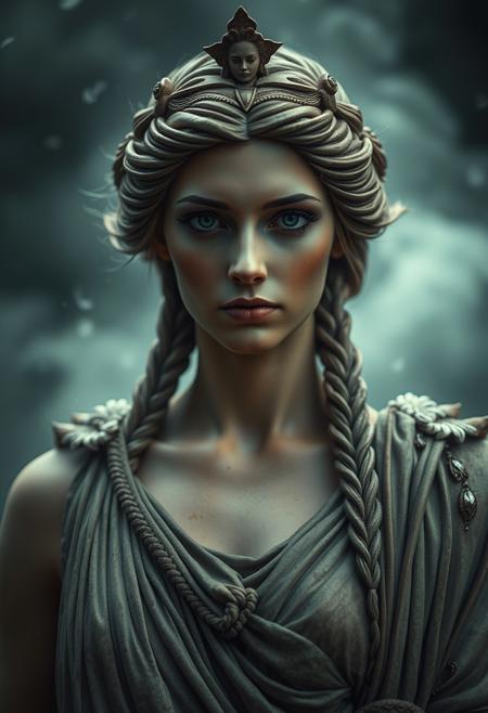 close up shot of Athena, the ancient Greek Goddess, photography style, misty ambient