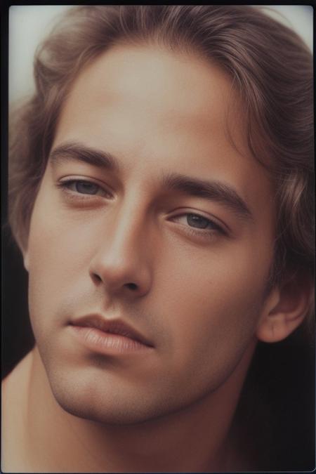 analog polaroid photo close up of sks man, in professional photoshoot, studio lighting, art by Luis Royo, looking into the camera