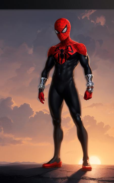 (((full body of male supspr))), (((silver bracelets))), (((sharp fingers))), a spider - man in a red and black suit looking at the sunset, 8k, unreal engine, octane render, by seunghee lee, Jang Tae-Hwan, Chocofing R, seungho lee, trending on pixiv, fanbox, skeb, masterpiece, smooth soft skin, big dreamy eyes, beautiful intricate colored hair, symmetrical, anime wide eyes, soft lighting, concept art, digital painting,  <lora:supspr:0.4>