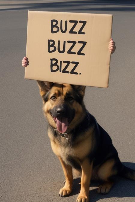 A male German Shepherd sitting holding a sign with its mouth that reads "Buzz"