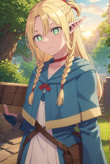 marcilledonato, <lora:marcille donato-lora-nochekaiser:1>,
marcille donato, long hair, blonde hair, (green eyes:1.3), braid, pointy ears, twin braids, elf, (bright pupils:1.5), (parted bangs:1.5),
BREAK choker, robe, red choker,
BREAK outdoors, nature, forest, trees, grass, river, sun, sky, clouds,
BREAK looking at viewer, (cowboy shot:1.5),
BREAK <lyco:GoodHands-beta2:1>, (masterpiece:1.2), best quality, high resolution, unity 8k wallpaper, (illustration:0.8), (beautiful detailed eyes:1.6), extremely detailed face, perfect lighting, extremely detailed CG, (perfect hands, perfect anatomy),