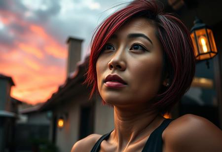 professional photography, up-scaled, close-up, low, angle, tanned skin asian woman, midlife, sporty, wet, short red hair, natural skin, no make-up, dreaming looking in the camera, a house, in a mediteranian town, raining, late after sunset, detailed clouds, raining, dimm lanterns, warm color grading,